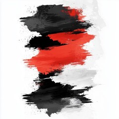 An abstract composition of stacked, horizontal brush strokes in bold red, black, and white, featuring a grunge texture and paint splatters on a white background.