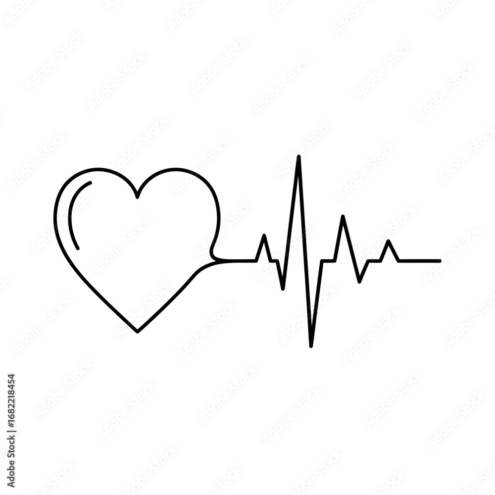Poster a simple line drawing of a heart connected to a heartbeat line on a stark white background space