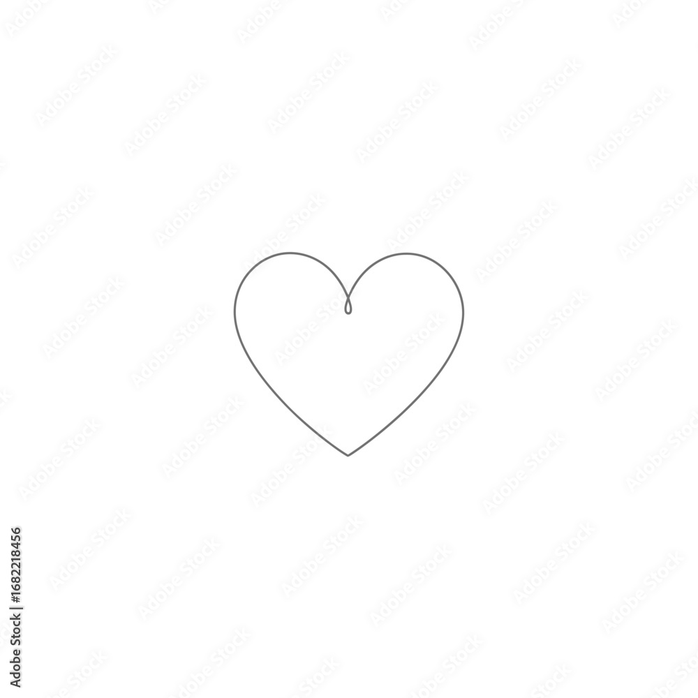 Poster single line drawing of a heart shape with a small curl at the top on a white background in the cente
