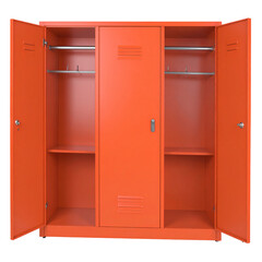 Open Orange Cabinet Isolated On White Background: An isolated, vibrant orange cabinet, its doors flung open to reveal a spacious interior, emphasizing functional design and organizational potential.