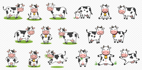 Collection of cute cartoon cows in various playful poses, some eating grass.