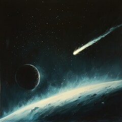 Dramatic space scene featuring a comet streaking past a planet in a star filled night sky