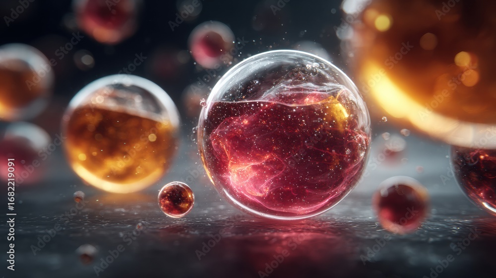 Poster bright spheres of liquid in warm hues float gracefully, reflecting light and creating a captivating 