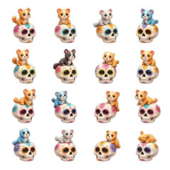 Naklejka premium Día de los Muertos Sugar Skull with Adorable Animal