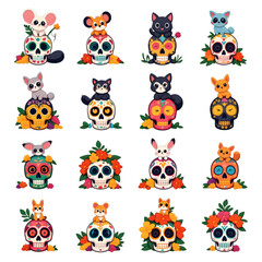 Fototapeta premium Cute Festival Animal Perched on Floral Skull Cartoon