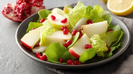 Healthy recipes using fruit, gluten free. Fresh salad with lettuce, apples, and pomegranate seeds in a black bowl.