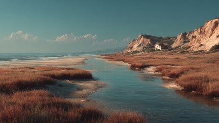 Fototapeta premium Autumnal Coastal Stream and Sandy Beach
