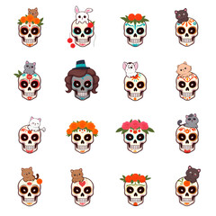 Fototapeta premium Vibrant Cartoon Skull with Cute Animal Decoration