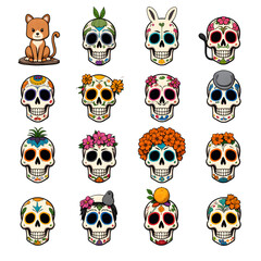 Cartoon Sugar Skull with Animal Sitting on Top Artwork