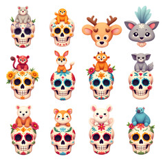 Obraz premium Cute Animal Character Sitting on Colorful Skull Cartoon