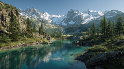 Alpine lake nestled beneath snow-capped peaks