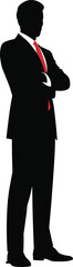 Businessman silhouette in formal suit with red tie, professional male figure, confident leader standing with arms crossed, corporate career success
