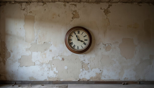 Vintage wall clock hanging on cracked wall in empty room  