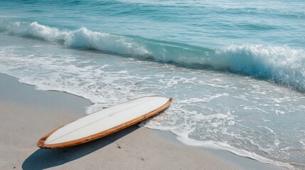Surfboard on sandy beach, waves lapping