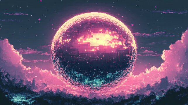 Retro pixel art landscape featuring a glowing disco ball rising above clouds at night