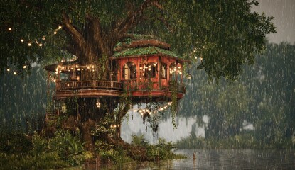 Lush, rain-drenched treehouse nestled in a misty forest