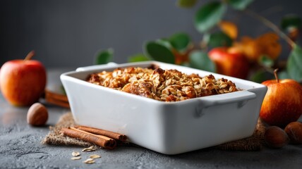 Healthy recipes using fruit, gluten free. Delicious baked oatmeal with apples and nuts in a white dish.