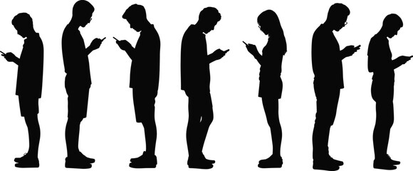 Silhouette people using smartphones, modern technology addiction, group standing, digital lifestyle, mobile phone communication, gadget dependence, isolated background, social media, internet culture