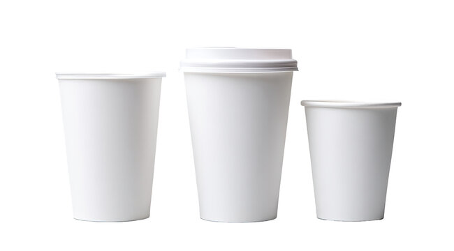 Three white disposable coffee cups of varying sizes, arranged horizontally, on a plain black background.  Each cup has a matching white lid