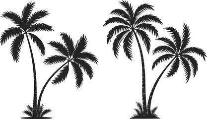 Tropical palm tree silhouettes, coconut trees vector illustration, summer beach design, exotic nature plants, black palm tree isolated graphic art