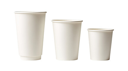 Three white disposable coffee cups of varying sizes, side view