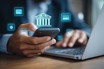 Person using smartphone and laptop for financial transactions.  Overlayed icons suggest mobile banking
