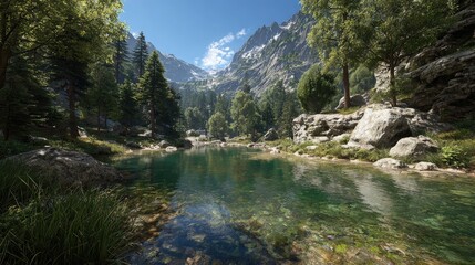 Obraz premium Serene mountain lake nestled in a valley. Lush green trees surround a tranquil body of water reflecting a clear sky