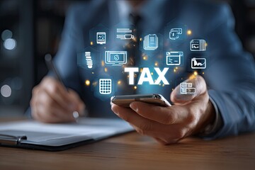 Businessperson holding phone with TAX displayed, surrounded by icons