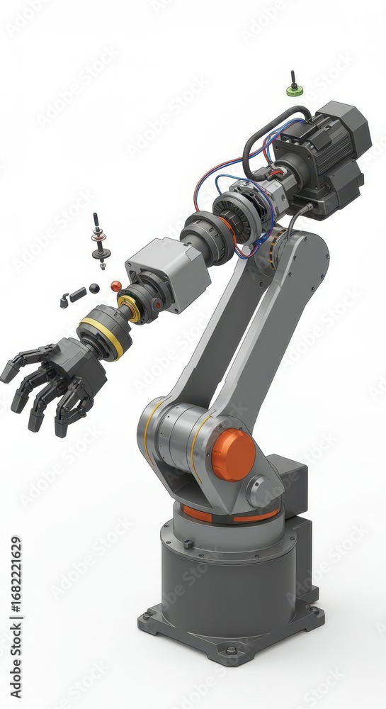 Poster A detailed 3D model of a disassembled robotic arm, showcasing intricate mechanical components and a grayscale color scheme, against a plain white backdrop.
