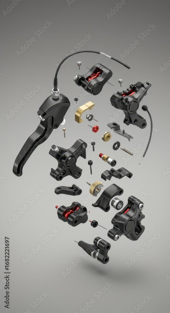 Poster Detailed exploded view of a bicycle brake system, showcasing intricate components and mechanisms.