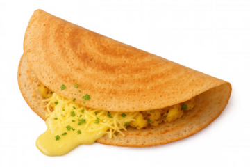 Crispy masala dosa stuffed with spicy potato filling, melted cheese, sprinkled with parsley, resting on clean background