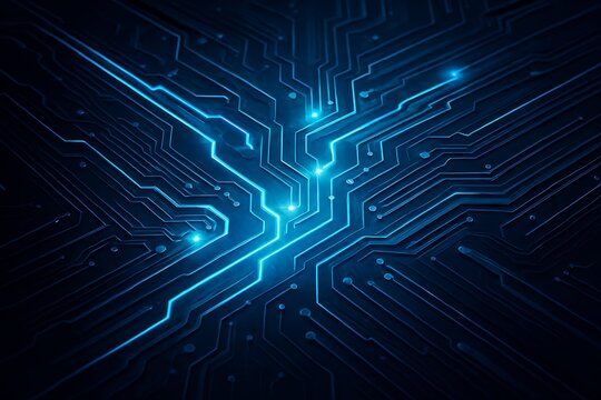 Dynamic blue circuit board glows with vibrant energy, representing advanced technology and innovation