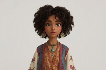 Animated girl, curly hair, studio portrait, ethnic jewelry, neutral background