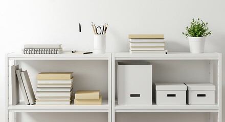 Organized Home Office Shelf with Books, Supplies, and a Plant for a Clean and Minimalist Look