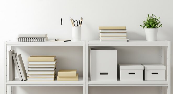 Organized Home Office Shelf with Books, Supplies, and a Plant for a Clean and Minimalist Look