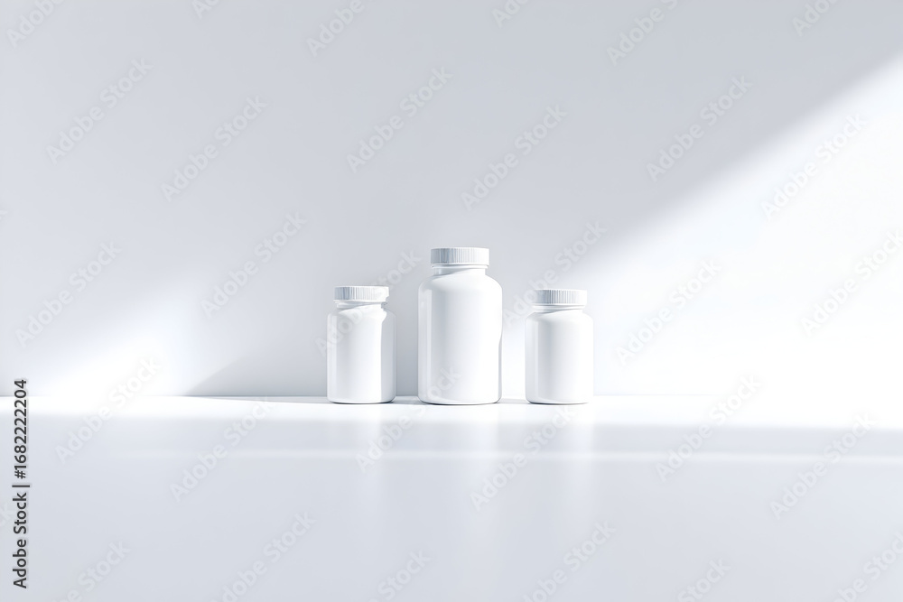 Poster minimalist white pill bottles displayed in studio setting with soft lighting, blank packaging mockup