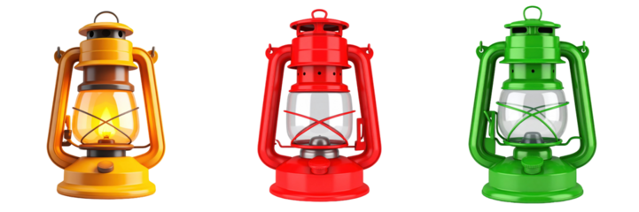 Three 3D Plastic Style Lanterns in Yellow Red and Green with Transparent Background Displaying Classic Vintage Design and Decorative Appeal