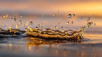 Mesmerizing golden water splash captured mid-air with shimmering droplets reflecting warm sunset light creating a dynamic liquid art.