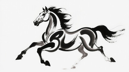 A running horse is depicted in an ink-wash painting, isolated against a white background