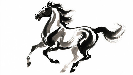 A running horse is depicted in an ink-wash painting, isolated against a white background