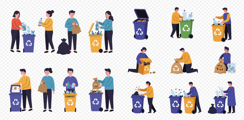 People sorting and disposing of waste into recycling bins.  Various individuals are shown properly separating trash and recyclables.