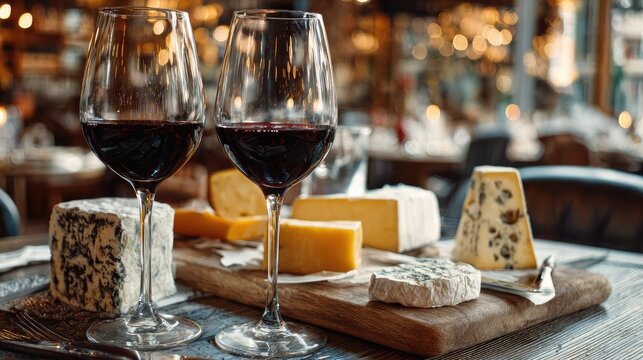 Two glasses of red wine and a selection of cheeses on a wooden board