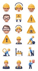 Fototapeta premium A collection of 3D construction worker icons, featuring various safety elements and work actions, displayed on a white background.