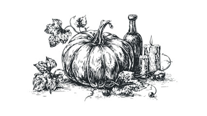 Line drawing of a pumpkin with leaves, bottle, and lit candle. Vector hand drawn illustration