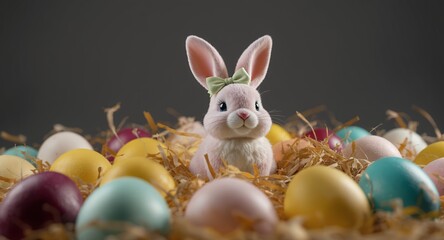 Easter Bunny with Colorful Eggs in Nest