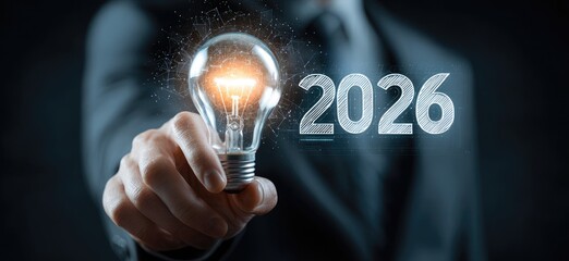 Hand holding lightbulb, 2026 superimposed, business concept