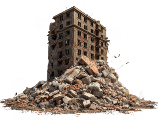 Partially destroyed multi-story building surrounded by large piles of rubble and debris isolated on white