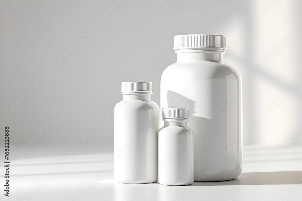 Poster white pharmaceutical bottles in a minimalist studio setting with soft shadows and clean lines, for s