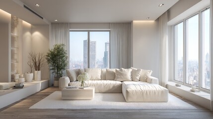 Fototapeta premium Modern minimalist living room with city view