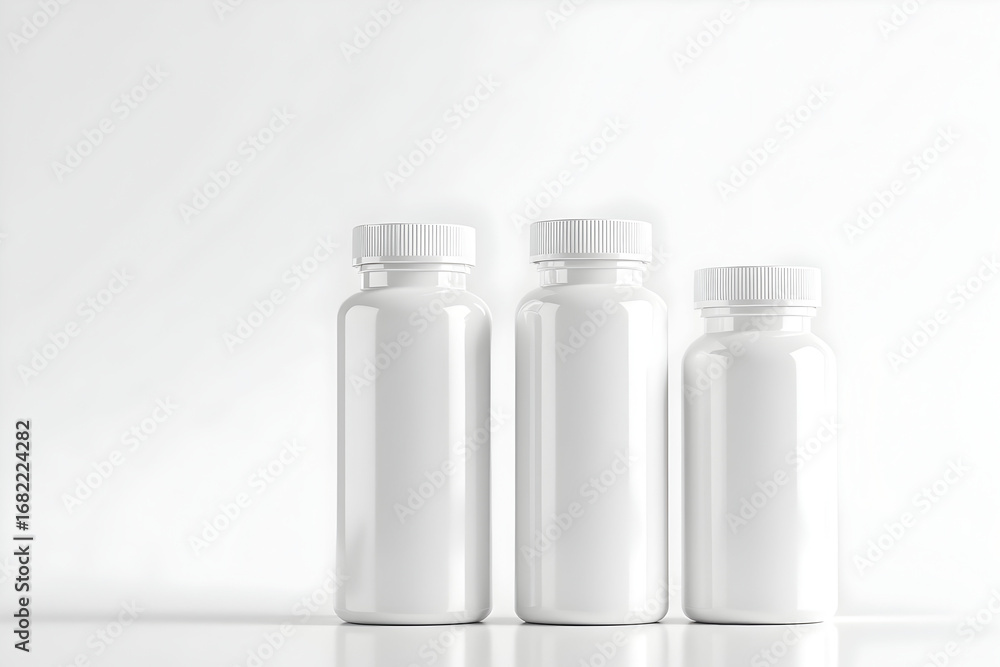 Poster three white bottles: a minimalist studio shot featuring identical containers with textured caps, cle